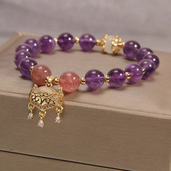 Pulsera curativa con dije de cerradura china, Buddha Stones, amatista Natural, cuarzo fresa, ojo de gato - image 4