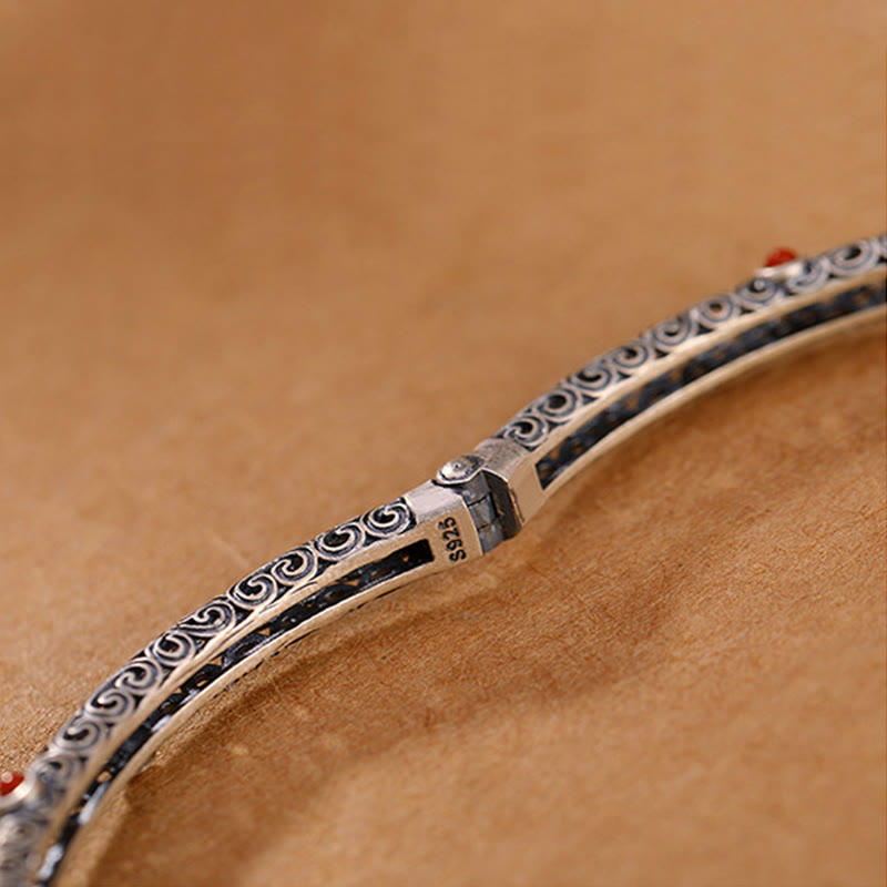 Brazalete de pulsera de la suerte de cobre con ágata roja grabada con diseño de flor de la dinastía Tang Vintage