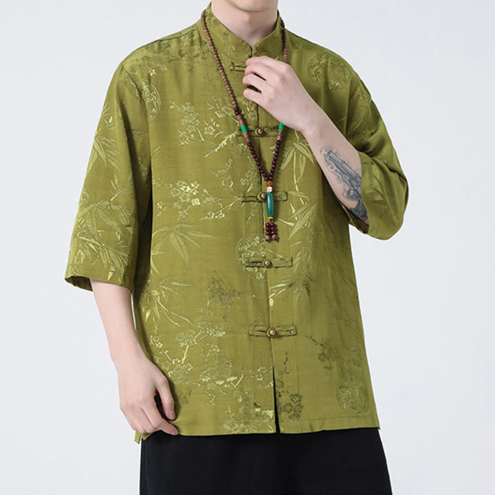 Camiseta de hombre con botones de rana, camisa china de media manga con Buddha Stones , flor de melocotón, hojas de bambú