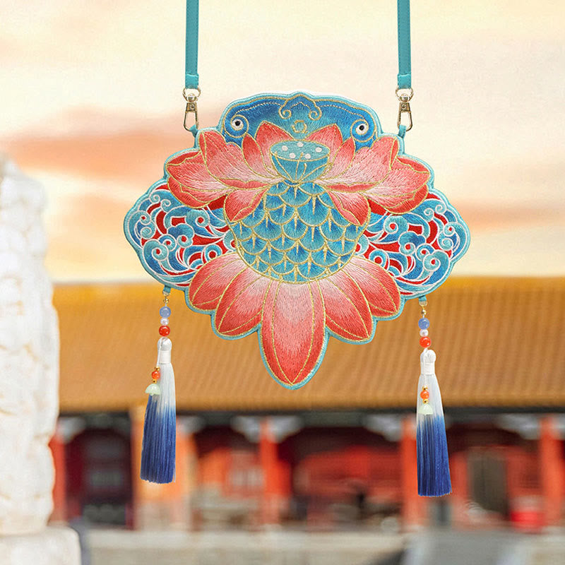 Buddha Stones suerte bordado loto Koi pez conejo flor Hanfu bolso bandolera bolso de hombro