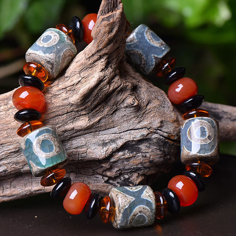 Pulsera tibetana de la felicidad con cuentas Dzi de tres ojos y Buddha Stones