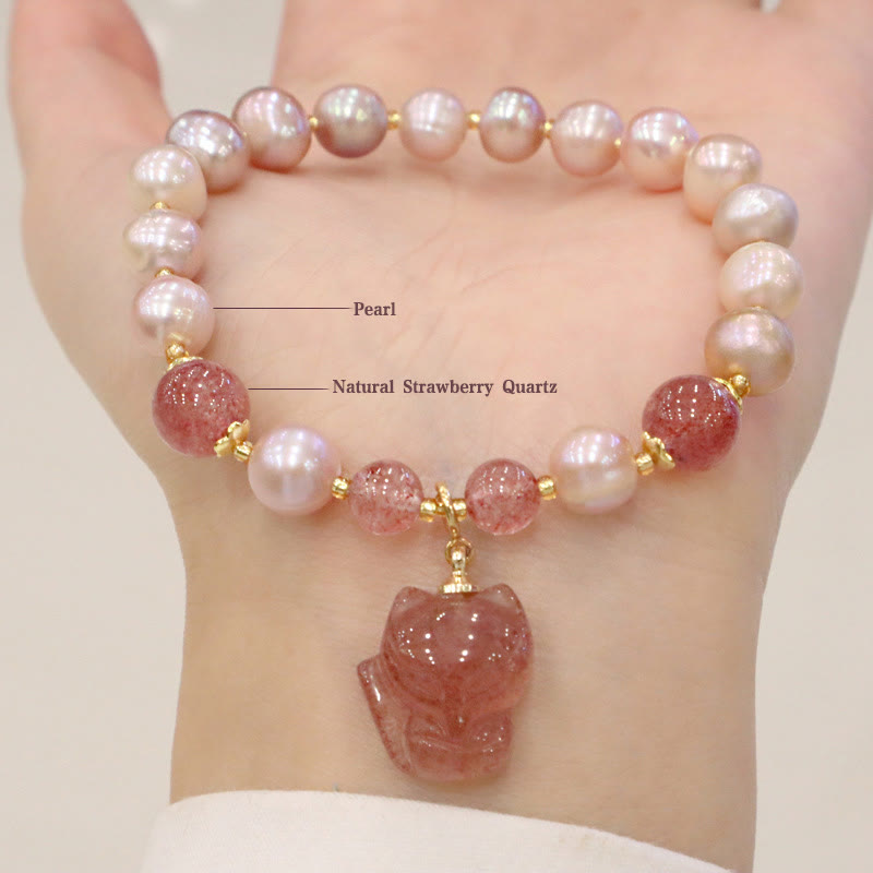 Pulsera con dije curativo de amor de zorro lindo de cuarzo fresa con Buddha Stones