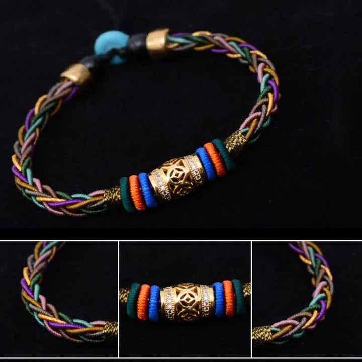 Pulsera de cuerda tejida con moneda de cobre, hecha a mano, con nudo de ocho hilos, Buddha Stones tibetanas - image 6