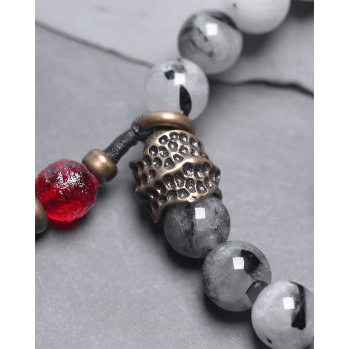 Pulsera de pareja de éxito de cristal blanco de madera de ébano de cuarzo rutilado negro