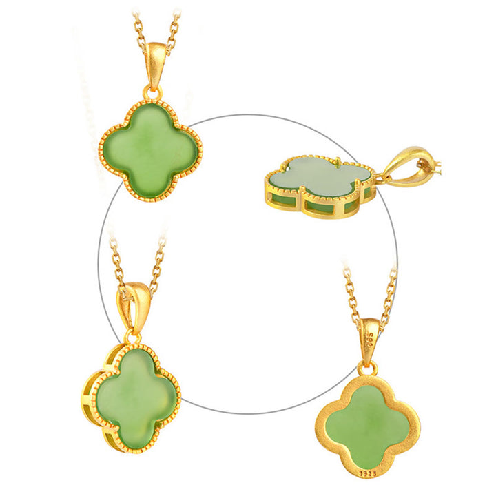 Collar con colgante de trébol de cuatro hojas de la suerte de jade hetiano natural de plata de ley 925 con Buddha Stones