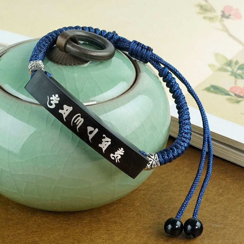Pulsera de protección con incrustaciones de plata y madera de ébano, seis palabras verdaderas, budismo de Buddha Stones