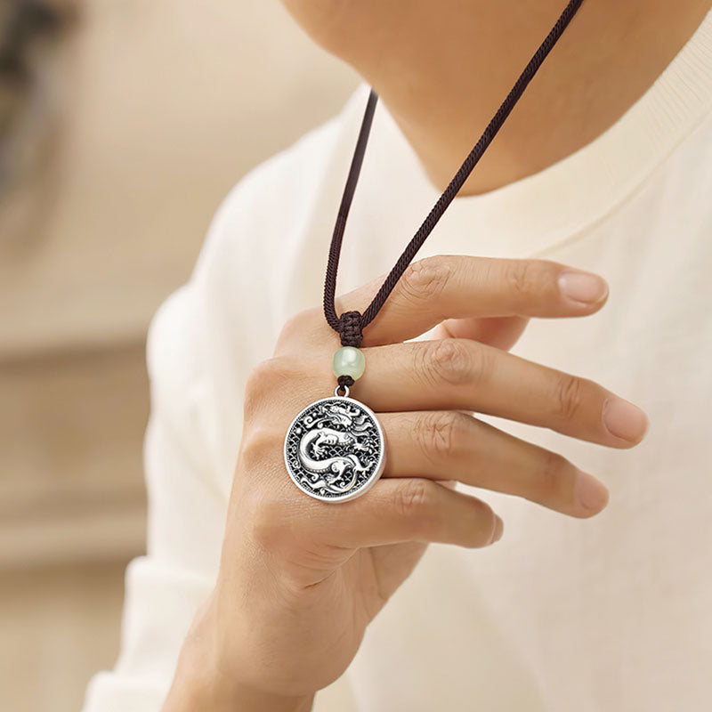 Collar con colgante de plata de ley 999 con Buddha Stones, diseño del Año del Dragón Fu, con carácter de jade hetiano