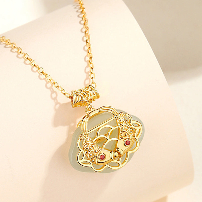 Collar con colgante de plata de ley 925 con Buddha Stones , jade hetiano natural, pez Koi