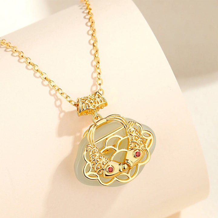 Collar con colgante de plata de ley 925 con Buddha Stones , jade hetiano natural, pez Koi
