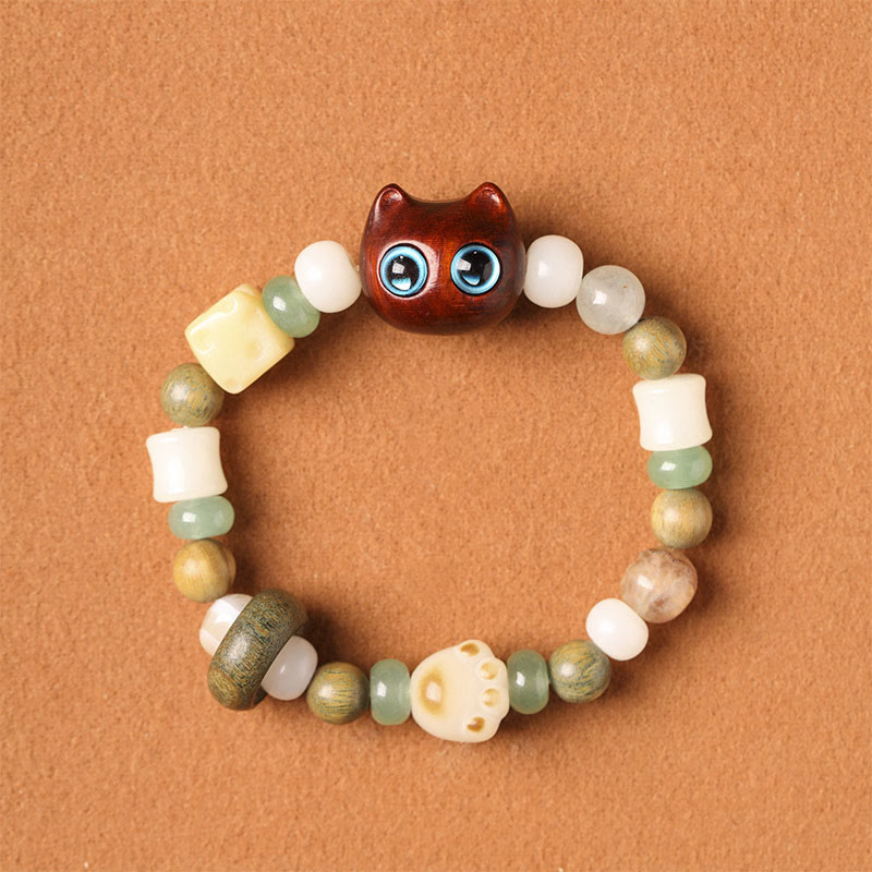Buddha Stones, semillas de Bodhi, sándalo verde, madera de ébano, hoja pequeña, sándalo rojo, cabeza de gato, garra de pata, pulsera de la paz - Gato de sándalo rojo de hoja pequeña (ojos azules) (circunferencia de muñeca: 14-16 cm) - image 10
