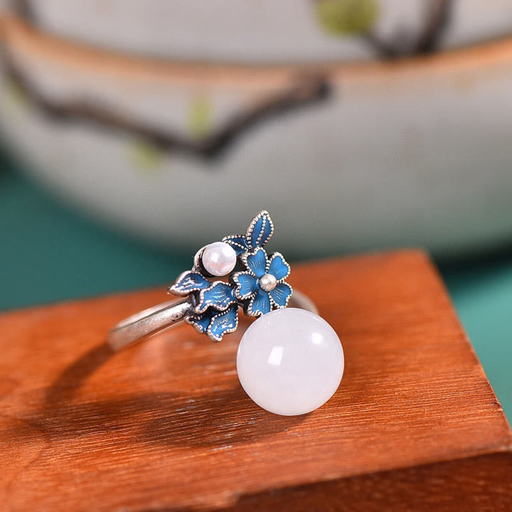 Buddha Stones Jade blanco Plata de ley 925 Perla Flor Bendición Collar Colgante Anillo Pendientes