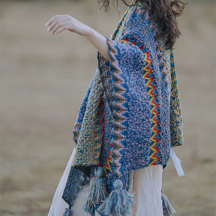 Mantón tibetano de Buddha Stones, capa de punto suave y cálida, bufanda tibetana con borlas de invierno - image 2