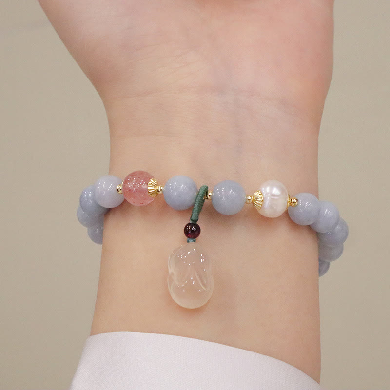 Pulsera con dije de gato, calabaza, conejo, calcedonia, aguamarina natural , Buddha Stones - image 3