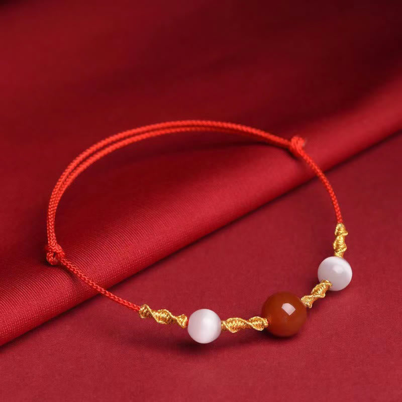 Buddha Stones roja natural Ojo de gato Calma Cadena trenzada Pulsera Collar Colgante - Pulsera de cuerda roja de ágata roja y ojo de gato (circunferencia de muñeca: 13-19 cm) - image 1