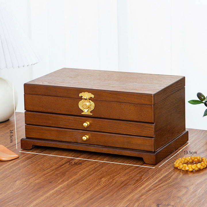 Caja de joyería de madera retro con Buddha Stones, caja de almacenamiento de joyas de tres capas