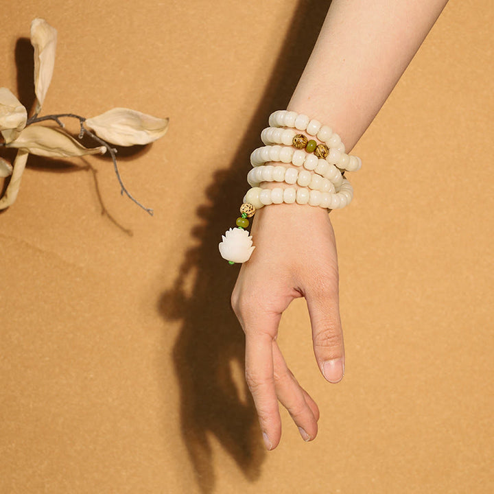 Buddha Stones Jade Blanco Bodhi Lotus Mala Armonía Collar Pulsera - image 5