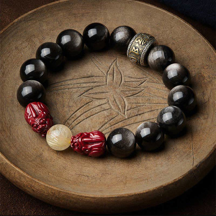 Pulsera de protección Om Mani Padme Hum de cinabrio PiXiu de obsidiana con brillo dorado de Buddha Stones