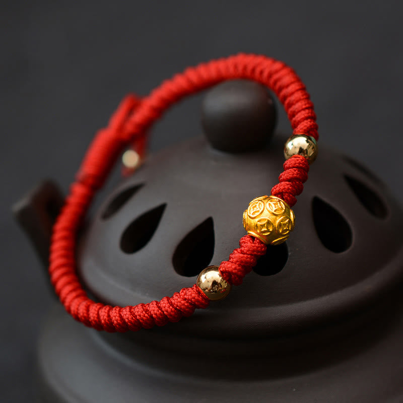 Pulsera de pareja de cuerda de fuerza de la suerte con moneda de cobre Om Mani Padme Hum de plata de ley 999 con Buddha Stones - Moneda de cobre dorado - Cuerda roja (tamaño de la pulsera: 15,5-24 cm) - image 0