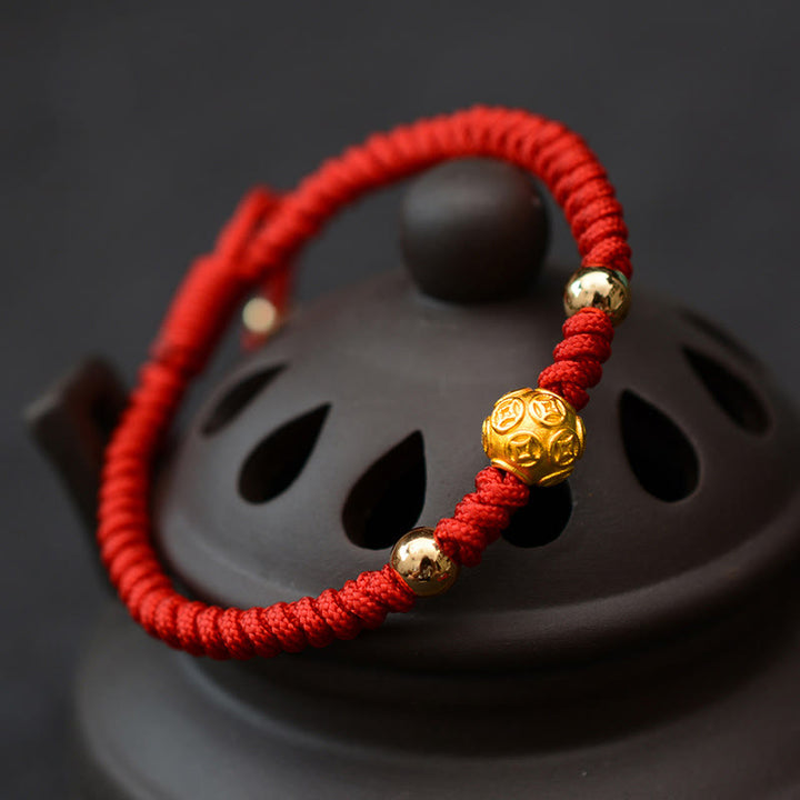 Pulsera de pareja de cuerda de fuerza de la suerte con moneda de cobre Om Mani Padme Hum de plata de ley 999 con Buddha Stones - Moneda de cobre dorado - Cuerda roja (tamaño de la pulsera: 15,5-24 cm) - image 0