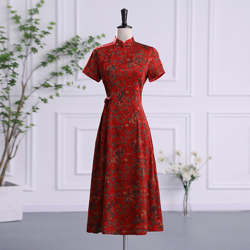 Vestido Cheongsam con estampado de hojas y nubes propicias vintage de Buddha Stones vestido Qipao para mujer - Nubes rojas de buen augurio - US16, UK/AU20, EU48 (5XL) - image 0