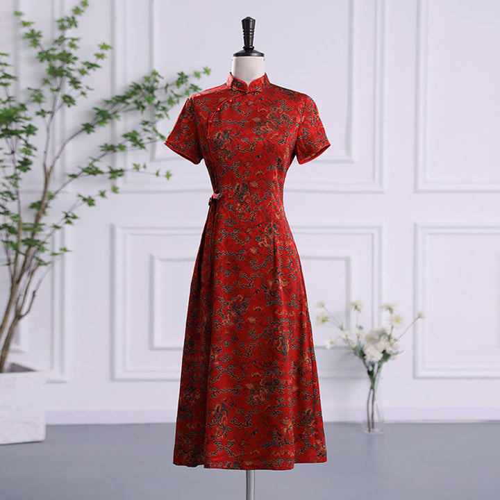 Vestido Cheongsam con estampado de hojas y nubes propicias vintage de Buddha Stones vestido Qipao para mujer
