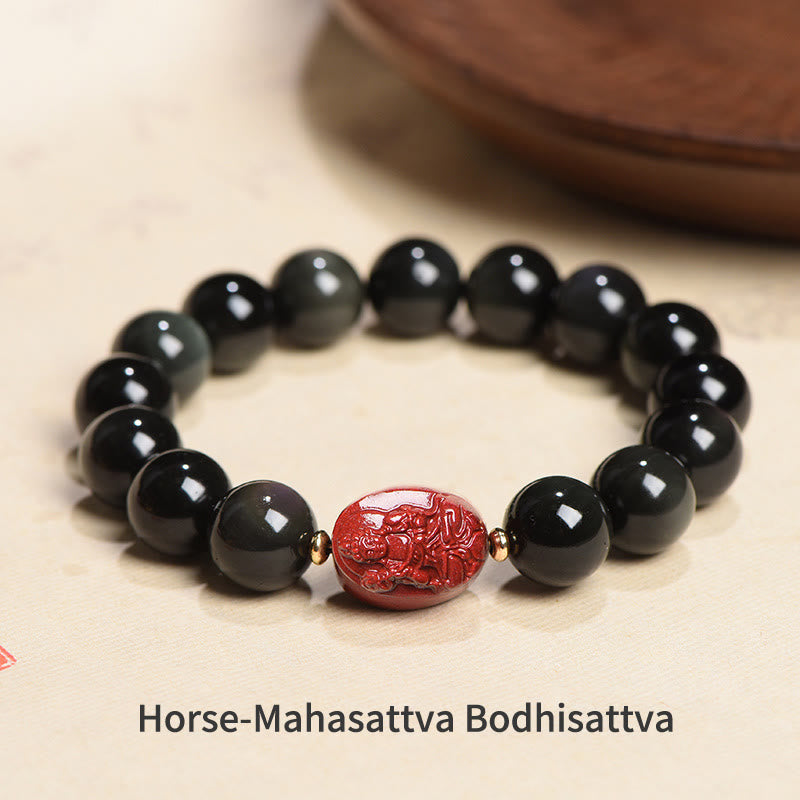 Pulsera de purificación de cinabrio de obsidiana negra Natural de Buda natal del zodiaco chino con Buddha Stones