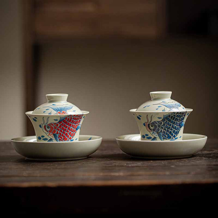 Buddha Stones Koi Arowana cerámica Gaiwan Sancai taza de té Kung Fu con tapa 130ml