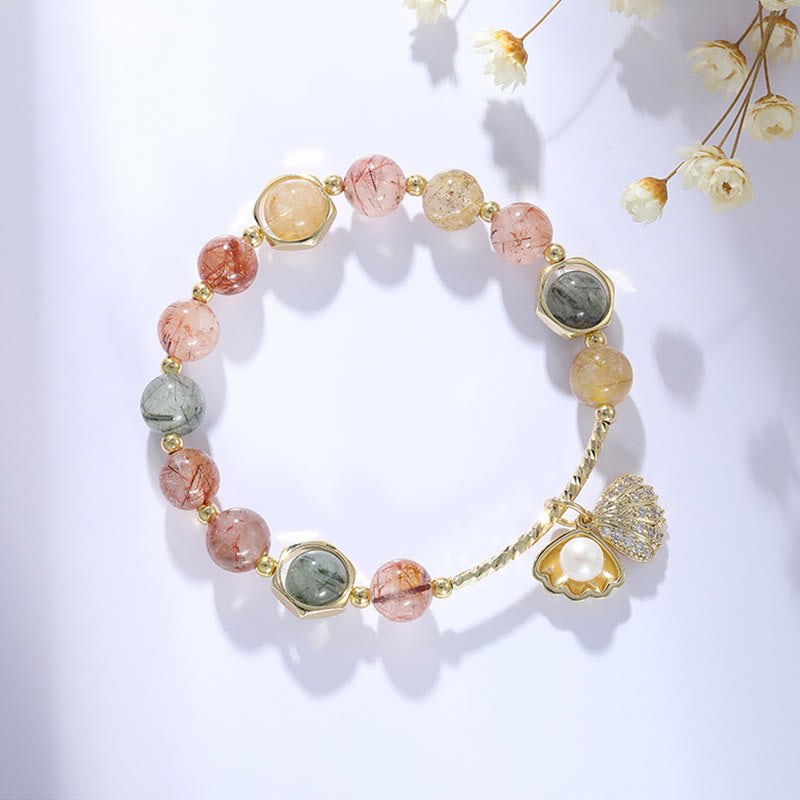 Pulsera de cuentas de protección de concha de cuarzo rutilado de colores naturales con Buddha Stones