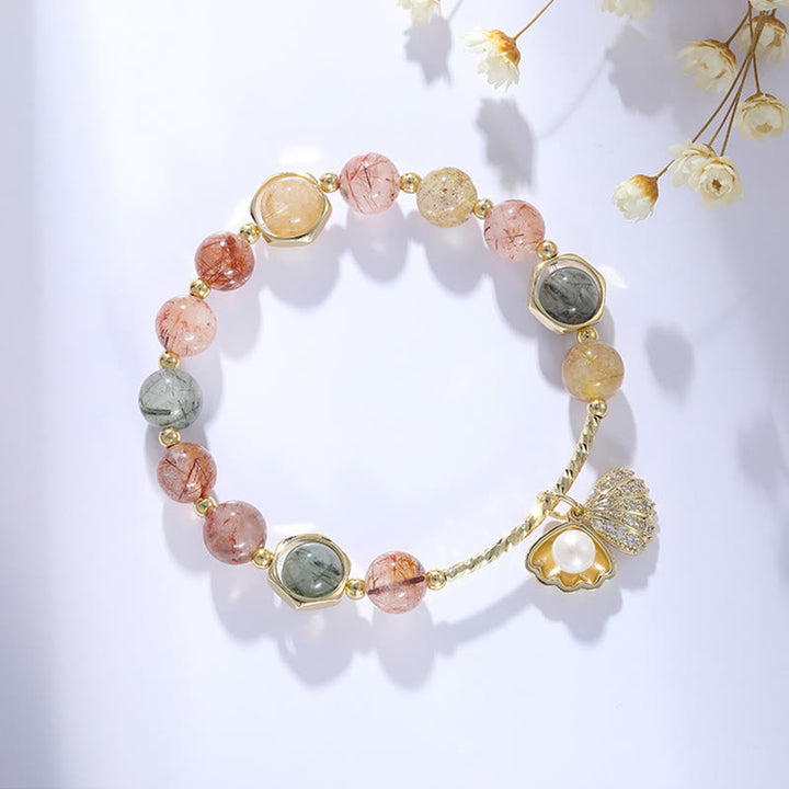 Pulsera de cuentas de protección de concha de cuarzo rutilado de colores naturales con Buddha Stones
