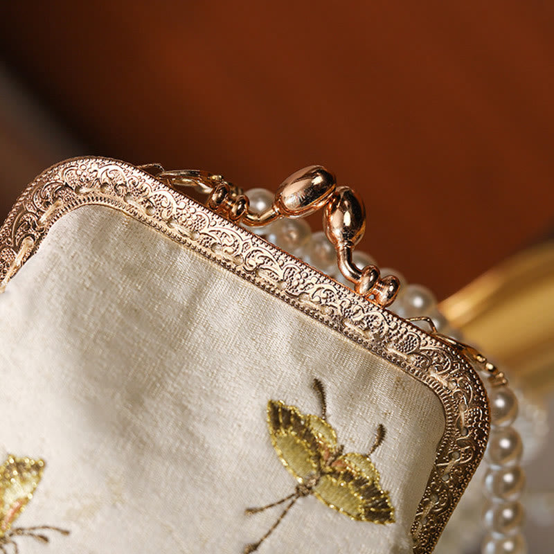 Bolso bandolera con cadena de metal y perlas bordadas con mariposas y flores pequeñas de Buddha Stones, bolso cruzado para teléfono móvil