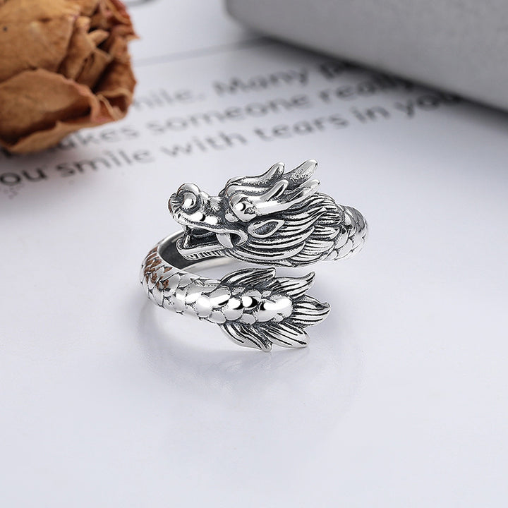 Anillo de metal ajustable con Buddha Stones de plata de ley 925, año del dragón, fuerza de la suerte