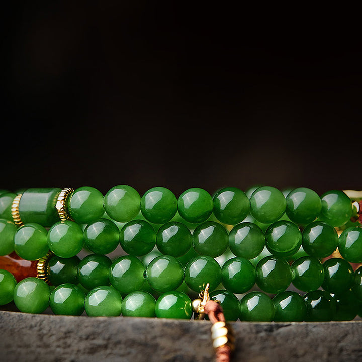 Buddha Stones 108 cuentas Mala cian Jade ágata roja pulsera de la suerte de Buda sonriente