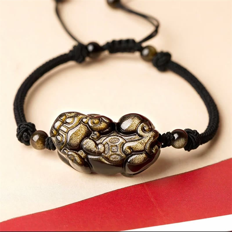 Pulsera de riqueza de monedas de obsidiana natural, amatista, citrino, PiXiu Cooper, Buddha Stones