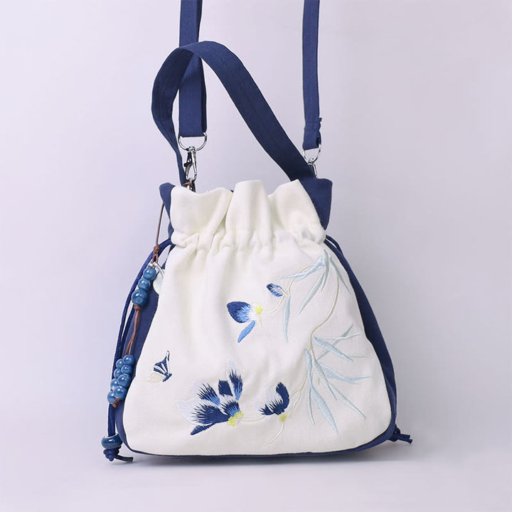 Bolso bandolera con Buddha Stones, bordado, mariposa, loto, magnolia, algodón y lino