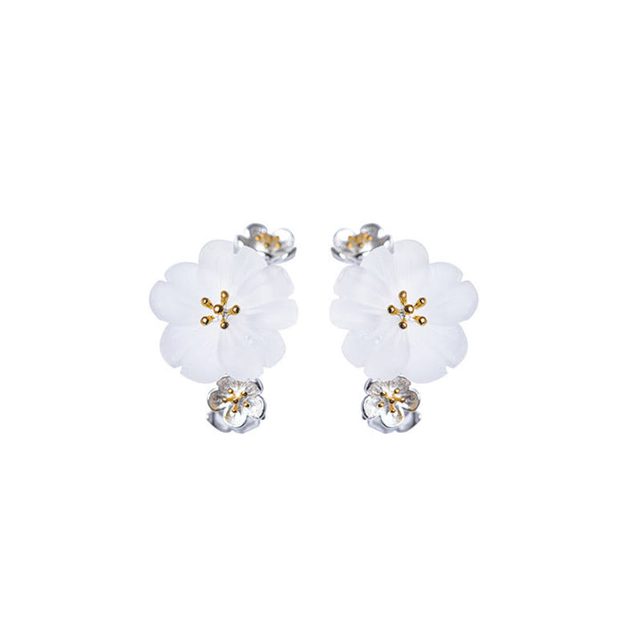 Pendientes de bendición floral de flor de ciruelo de plata de ley 925 con Buddha Stones