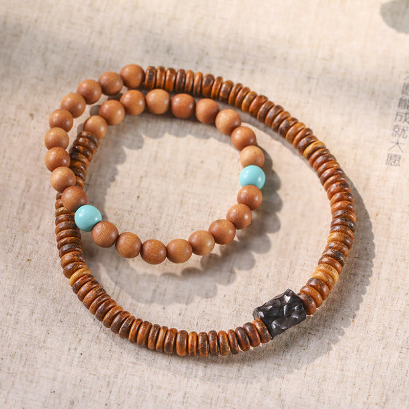 Pulsera de doble vuelta con protección de sándalo, turquesa y sándalo rojo de hoja pequeña con Buddha Stones
