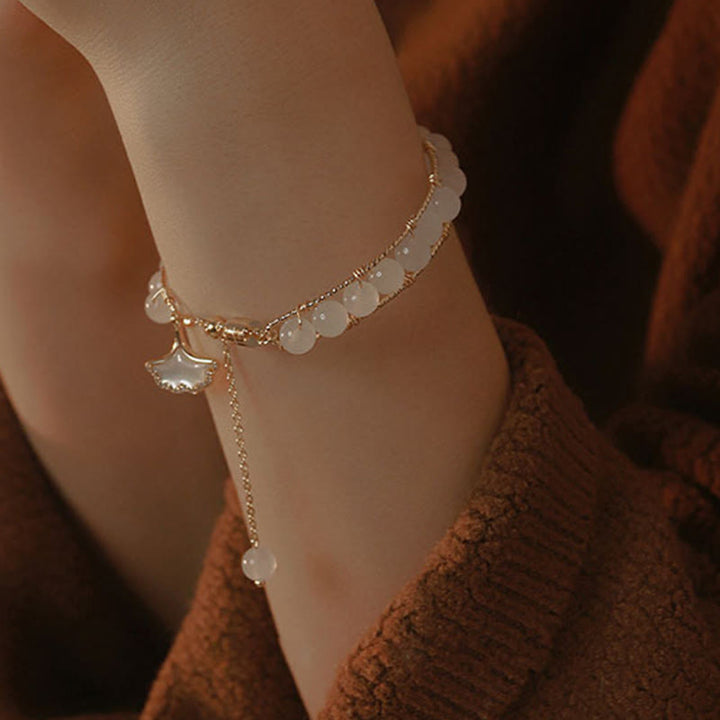 Pulsera de la suerte con cuentas de jade y hojas de ginkgo de Buddha Stones