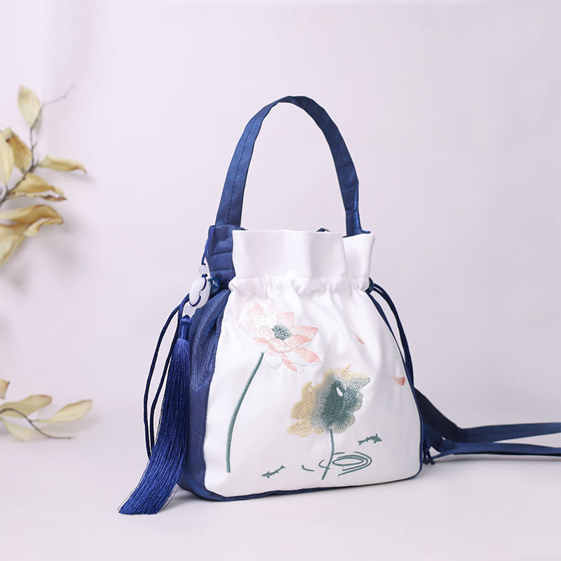 Buddha Stones Bordadas Loto Koi Pez Grulla Camelia Algodón Lino Tote Bandolera Bolso Bandolera Bolso