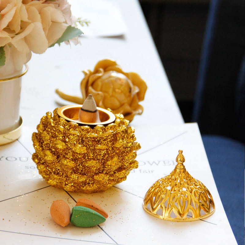 Mini quemador de incienso con diseño de cono de pino dorado, decoración de mesa para el hogar, rituales espirituales