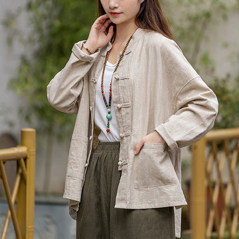 Camisa con diseño de botones de rana y Buddha Stones , ropa superior para meditación de Tai Chi, chaqueta de lino de ramio