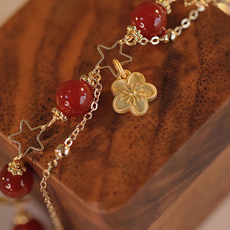Pulsera tranquila con dije de flor de estrella de ágata roja chapada en oro de 14 Buddha Stones