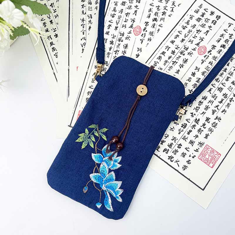 Buddha Stones, pequeñas flores bordadas, bolso de hombro, bolso para teléfono móvil, 11*20cm