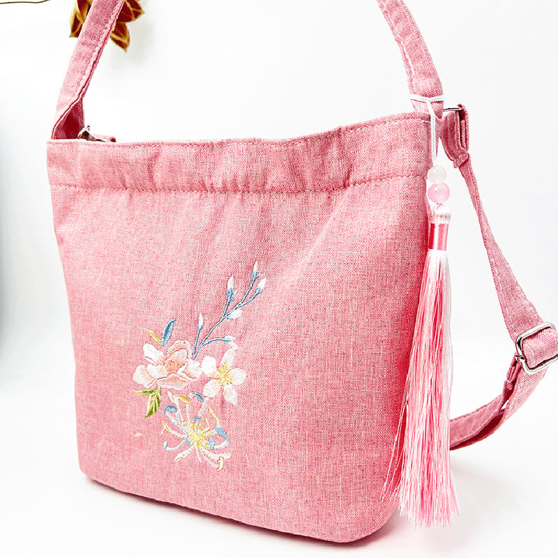 Buddha Stones, glicina, ciruela, loto, flor de cerezo, algodón, lino, lona, bolso cruzado, bolso de hombro