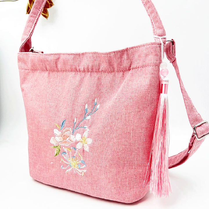 Buddha Stones, glicina, ciruela, loto, flor de cerezo, algodón, lino, lona, bolso cruzado, bolso de hombro
