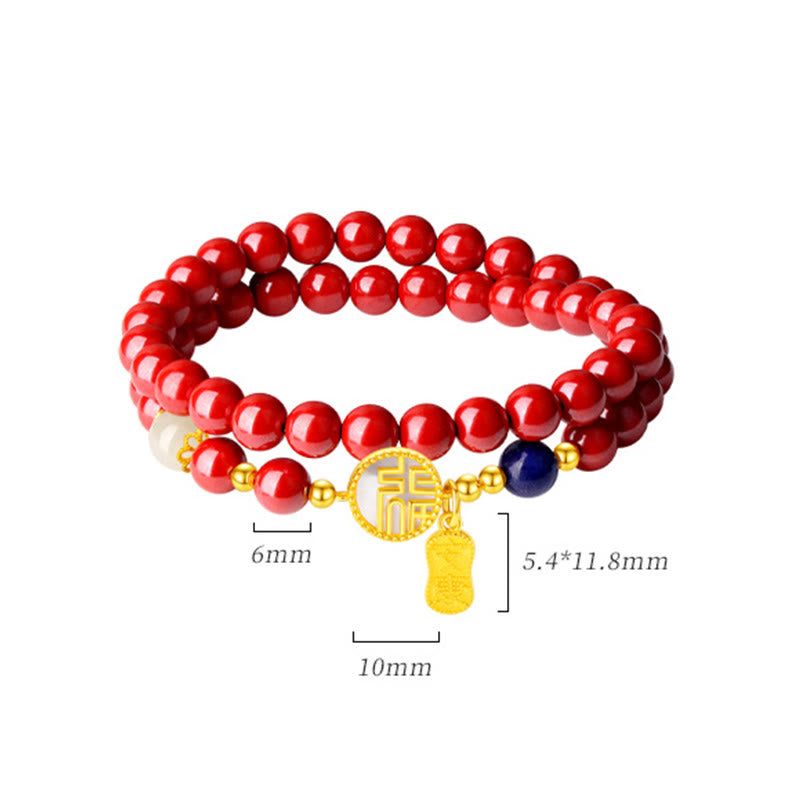 Pulsera de bendición de doble envoltura con carácter Fu de piedra Tridacna de cinabrio de plata de ley 925 de Buddha Stones