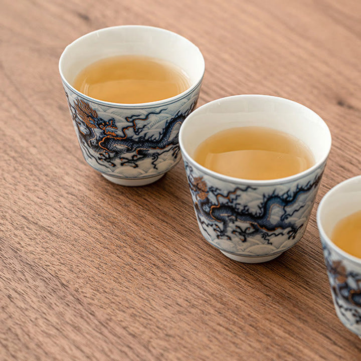 Tazas de té de cerámica con diseño de dragón blanco y azul pequeño de Buddha Stones, tazas de té de Kung Fu de 45ml