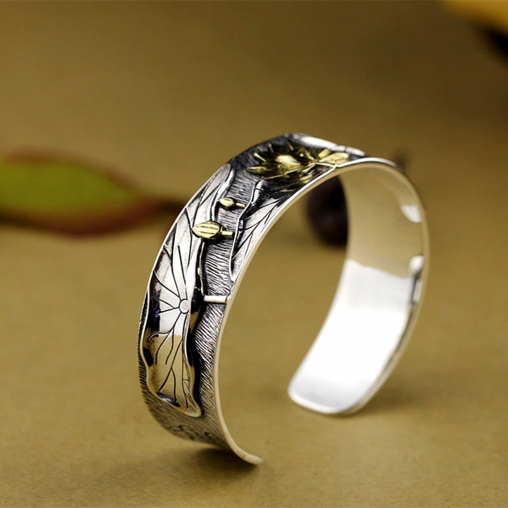 Pulsera ajustable con diseño de flor de loto de plata de ley 925 con Buddha Stones