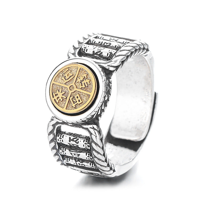 Anillo giratorio de pureza de moneda de cobre con diseño tallado de Om Mani Padme Hum tibetano de Buddha Stones
