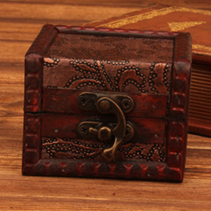 Caja de joyería de madera cuadrada pequeña Retro con Buddha Stones , flor de loto, uva, cobre, moneda, narciso, caja de almacenamiento de joyería