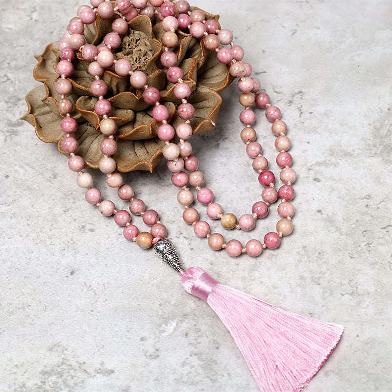Buddha Stones 108 cuentas de rodonita Mala, pulsera de cuentas de oración para meditación y Yoga